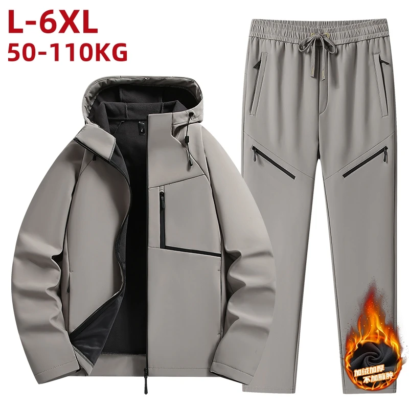 Plus Size 6xl 5xl Sportswear Men Softshell Thick Fleece Lined Hooded Hoodie Suit Menswear Jacket Pants 2 Pieces Set Tracksuits