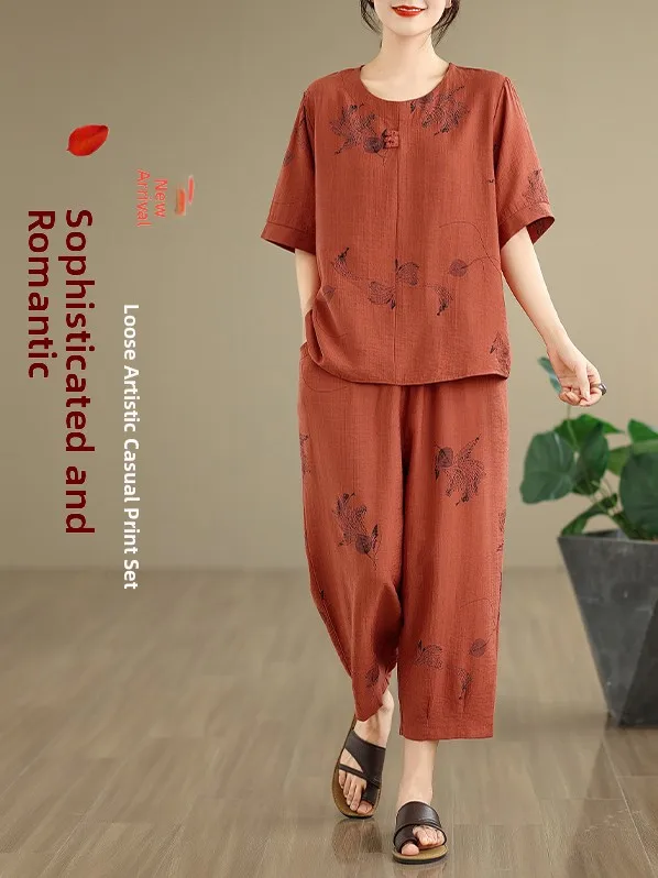 

Loose Cotton Linen Set Women's Summer Slimming ort Sve T-irt Nine-Piece Pants Two-Piece Set plus Size Retro Sle Commute