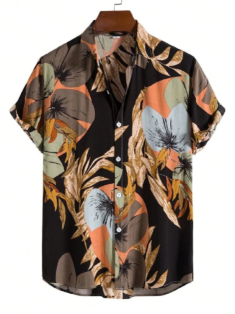 Summer men\'s short sleeved shirt T-shirt with retro print pattern fashionable and versatile lapel shirt oversized men\'s clothi
