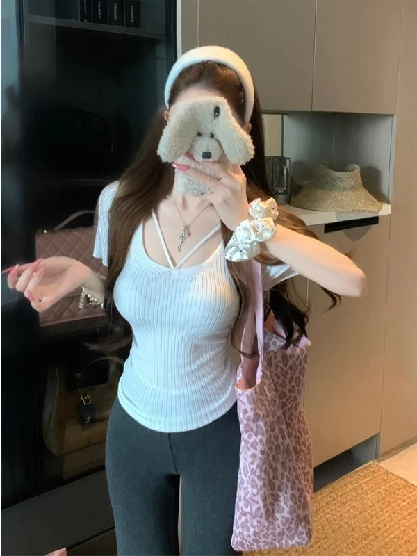 

Korean mat V-ne ort Sve Knitted irt Women's Summer Slim Fit Versatile Slimming Base irt Top