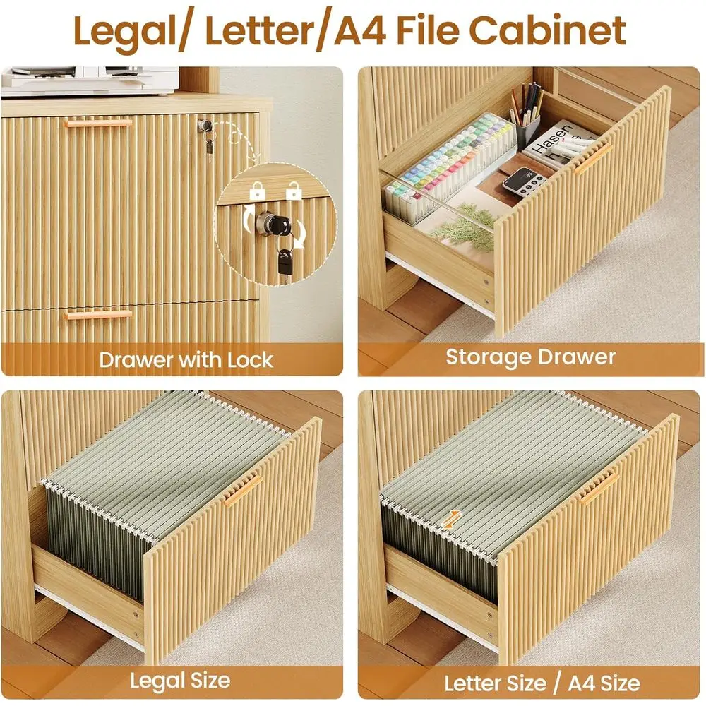 Natural Oak Letter & Legal Size Filing Cabinet with Lock, Adjustable Shelves, and Hanging File Rails