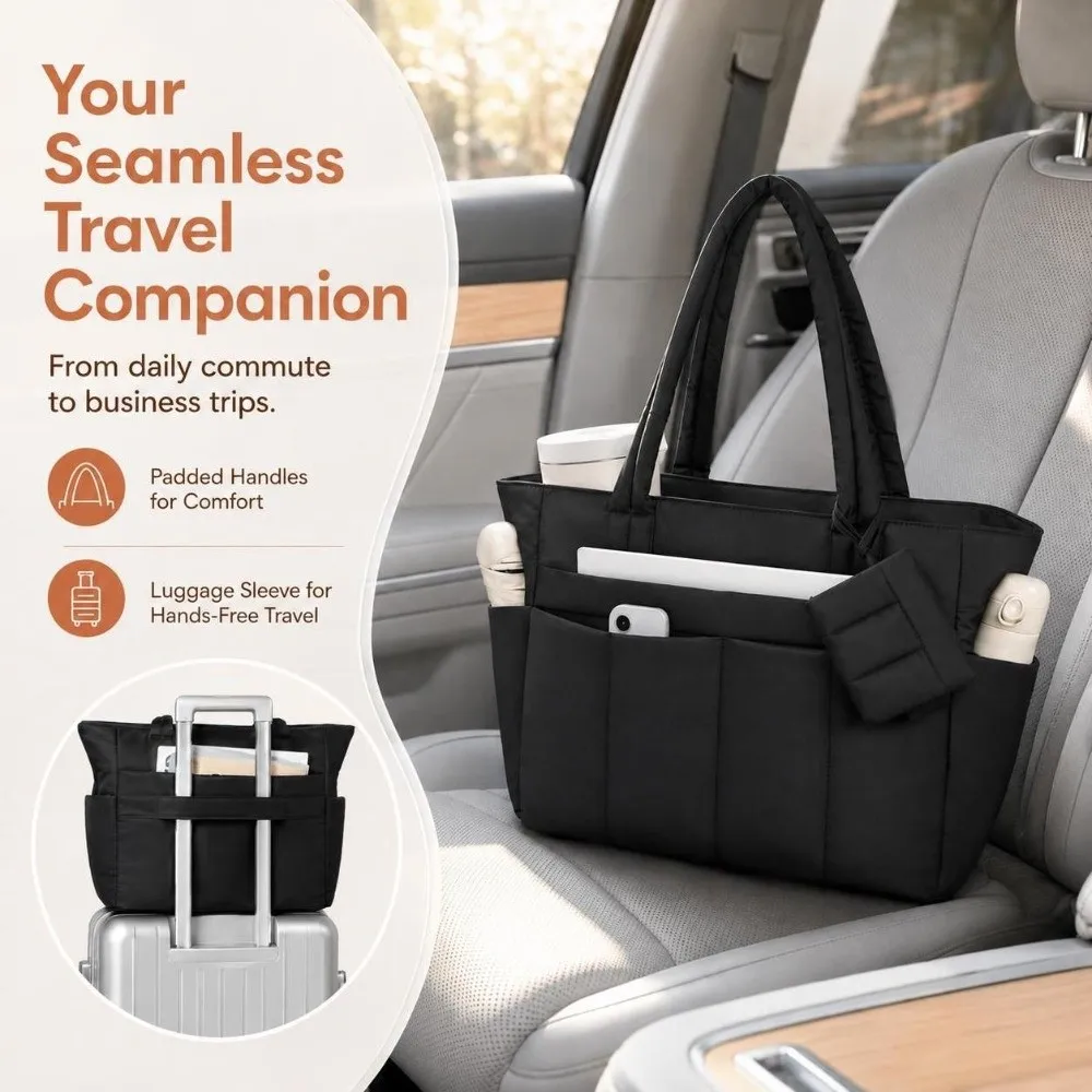 30L Capacity Quilted Tote Bag Laptop Compartment Front Hidden Pocket Business Bag Multi Pocket Luggage Sleeve Laptop Handbag