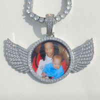 Custom Photo Pendant Personalized Iced Out Angel Wings Circle Memory Picture Chain Pendant Medallion Necklace Birthday Gift