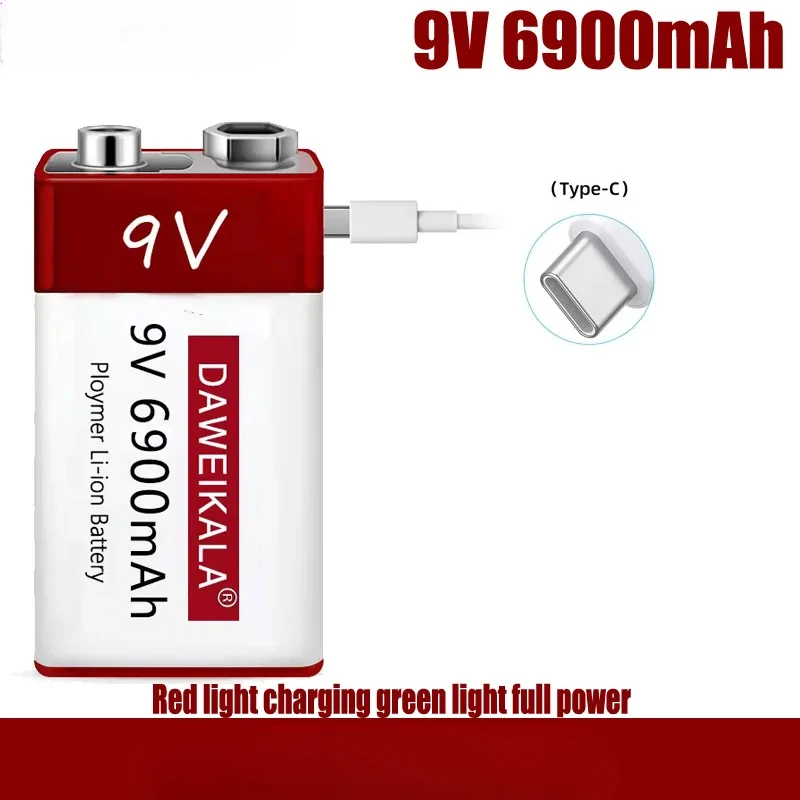 9V 6900mah Lithium Ion Rechargeable Battery Type-C USB Battery 9V Multimeter Lithium Microphone Metal Detector + Cable