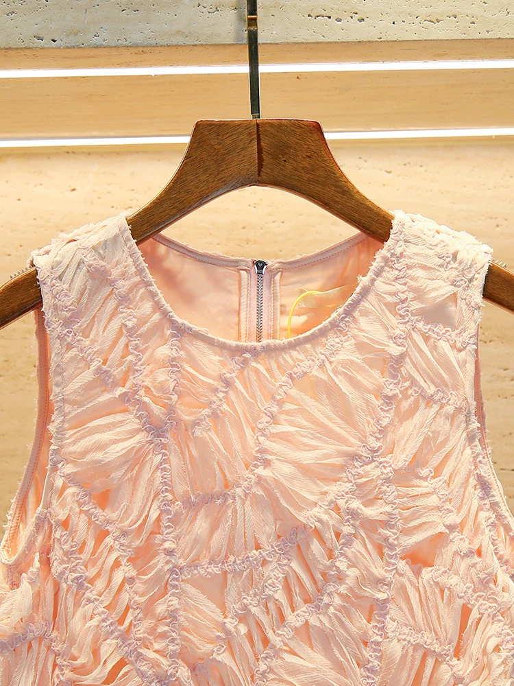 High-End Summer Lace Dr Women's Folded High Waist A-Line Skirt Knitted Fabric No Sve round Ne Pure Color Commute Sle