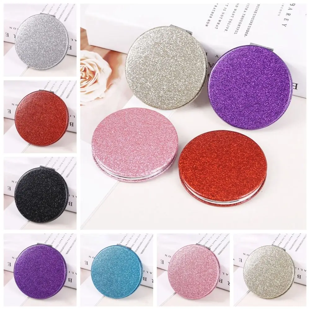 Hair Styling Accessories Glitter Round Makeup Mirror Shiny Folding Handheld Mirror Compact PU Leather Vanity Mirror Student Gift