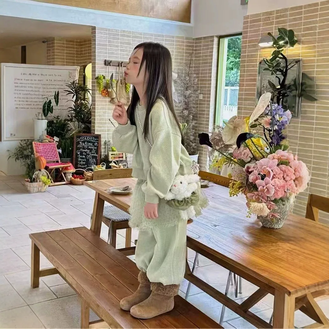 Girls Mesh Patchwork Set 2026 Spring Autumn New Girls Long Sleeve Pullover Top Straight Leg Pant Two Piece Set
