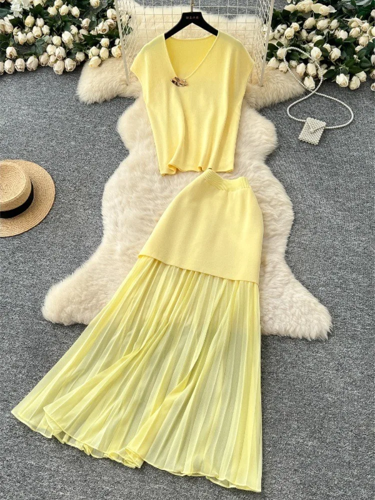 Casual Loose Skinny Solid Knitted Vest+Elastic Waist Maxi Splicing Mesh Skirt 2-piece Set Autumn Women's Suit Woman clothing