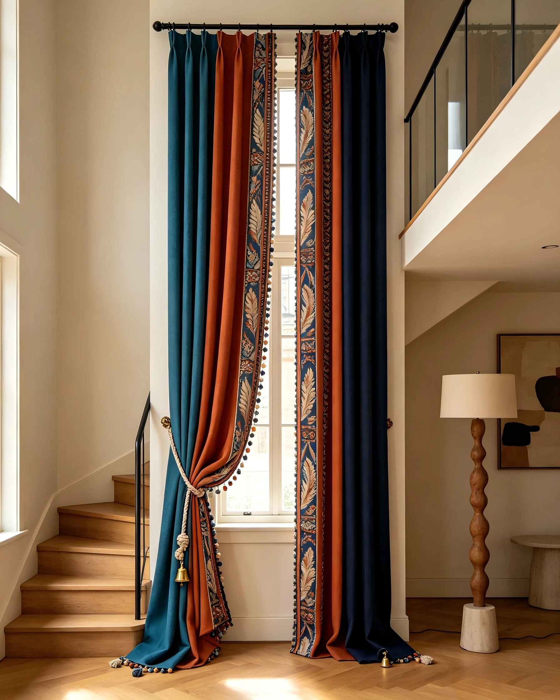 200423   Peacock Blue x Terracotta Orange Linen Blended Curtains