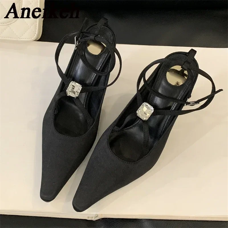 Aneikeh Sexy Pointed Toe Thin Heels Banquet Dress Party Prom Mule Ladies Shoes Spring Designer CRYSTAL Buckle Strap Pumps Women