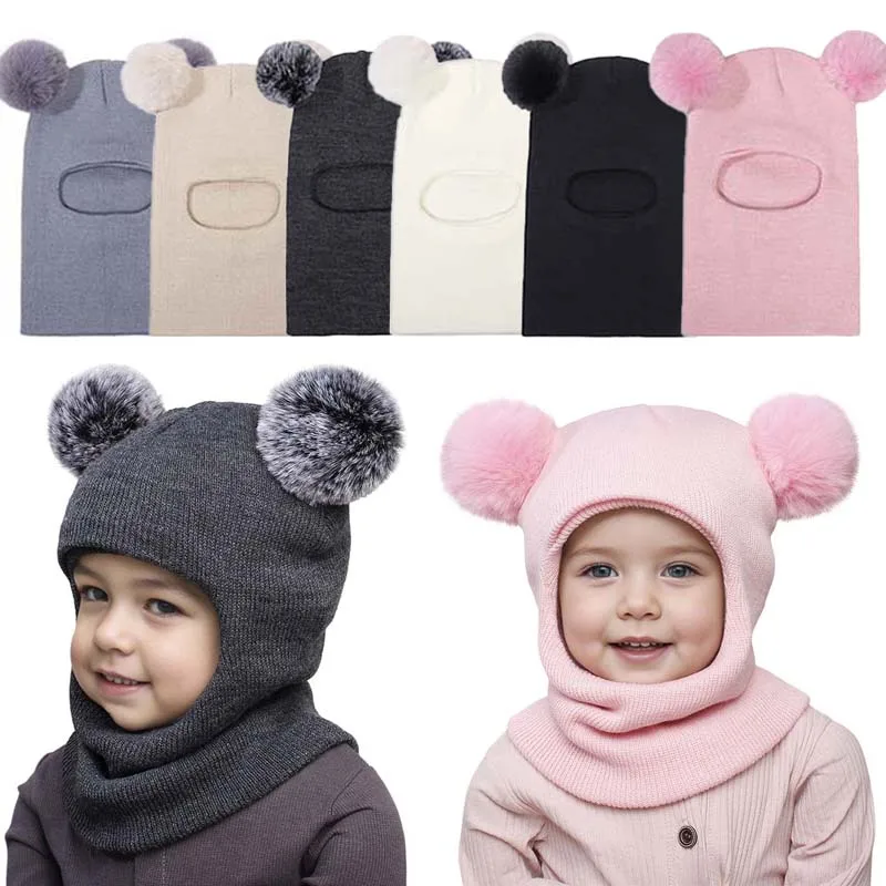 New Kids Hats Scarf One-Piece Cute Pompom Knitted Hat for Baby Winter Warm Ear Protection Caps Trendy Children Head Accessories