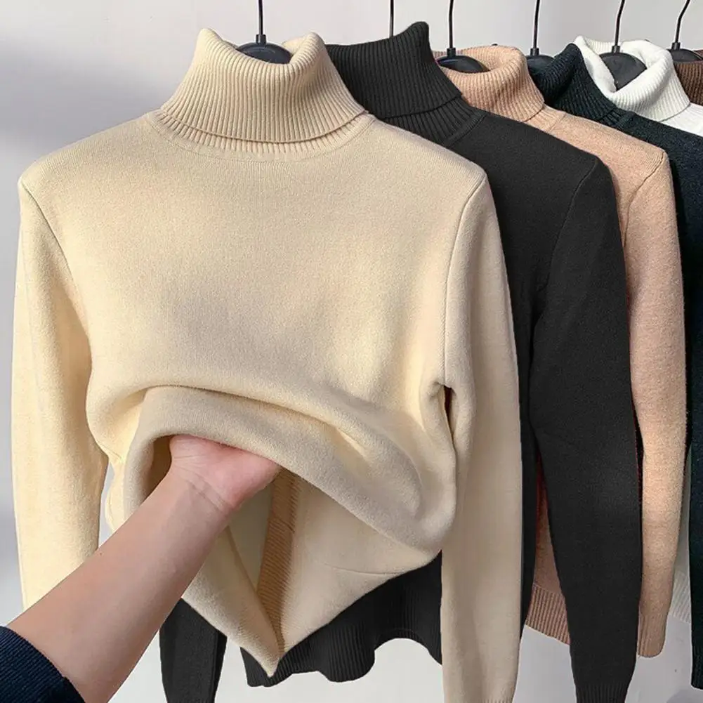 Women Season Sweater Cozy Fleece-lined Knitwear for Women High Collar Pullover Tops Slim Fit Knitting Tops Thickened for Wear