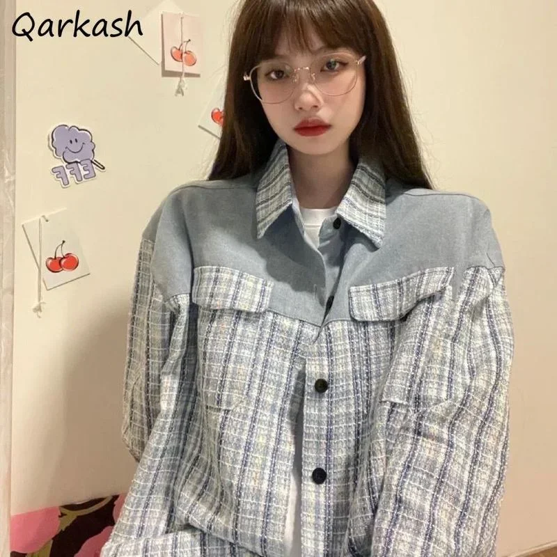 

Basic Jackets Women Denim Patchwork Retro Preppy Style Lovely Vintage Ulzzang Chic Outwear High Street Classy Y2k 90s Trendy Ins