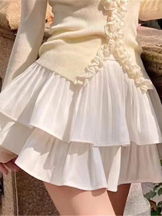 

Summer Sweet College Style Pleated Ruffled Skirt Women Solid Color High Waisted Cake Skirt A-line Slim Fluffy Short Skirt 9Y1D