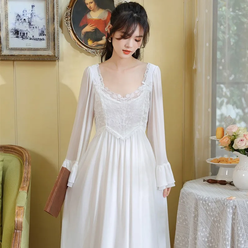SXTHAENOO New Long Sleeve Mesh White Nightdress Lady Autumn Lace Modal French Pyjamas Court Princess Breast Cushion Homewear