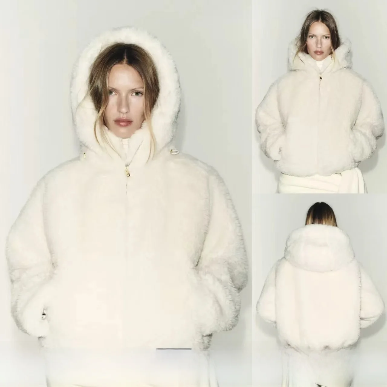 

Winter New Women's Faux Fur Long Sleeve Hooded Pilot Jacket Coat Casual Loose Fit Warm Thickened Short Style Zipper Closure