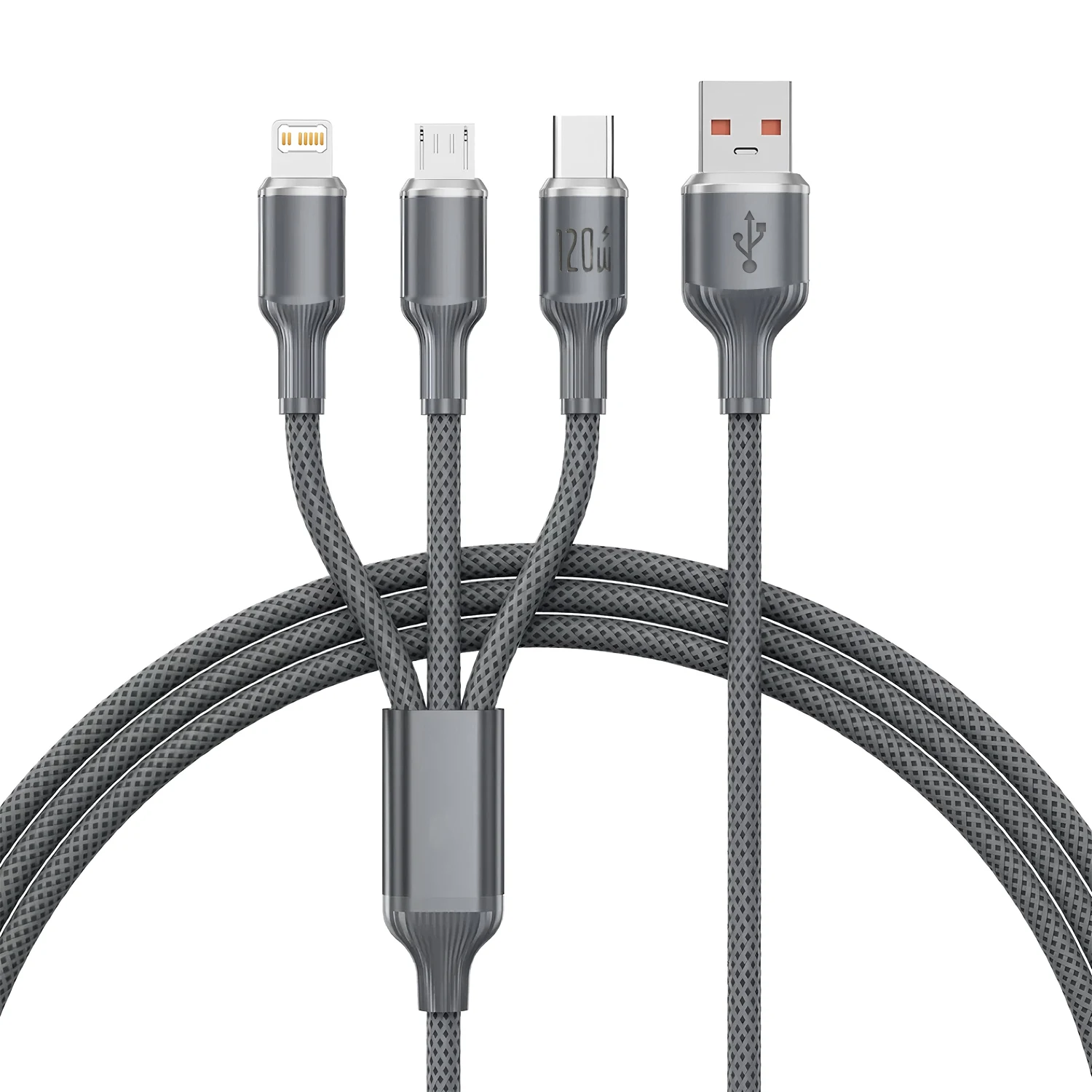 ​ ​ 120W 3 - pol. - 1 Cabo de carregamento: compatível com iPhone 14/13/12, Xiaomi e mais, Tipo - C, portas Micro USB e iOS ​ ​