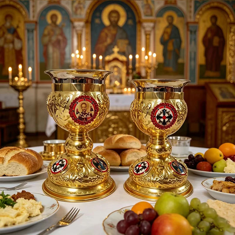 

Ornate Gold Plated Communion Chalice with Enamel Icon Reliefs for Orthodox Christian Altar Liturgy and Eucharist Service Use