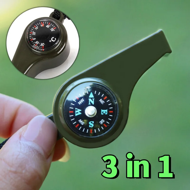 3 in 1 High Decibel Emergency Rescue Whistle with Compass Thermometer and Keychain Camping Hiking and Outdoor Activities Tools