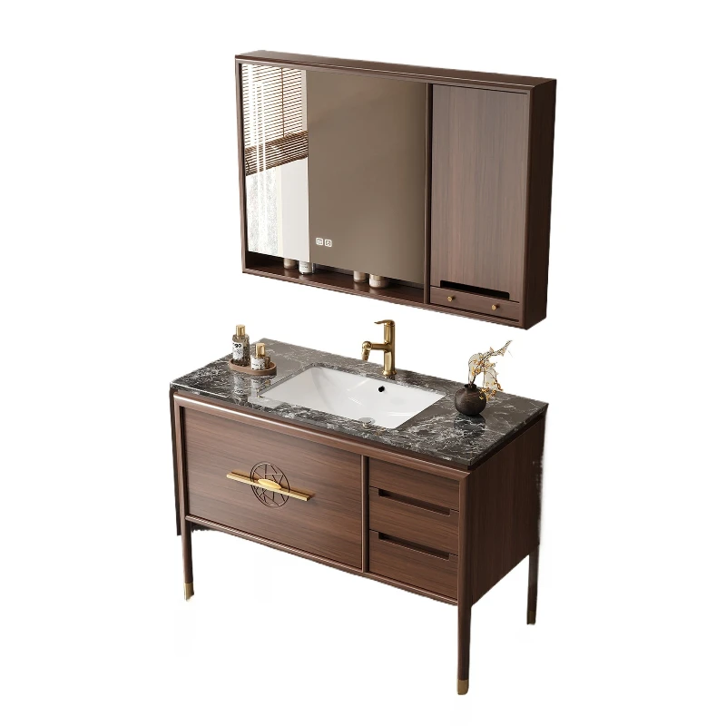 High-end Chinese bathroom cabinet combination ceramic integrated basin imported red oak embossed washstand