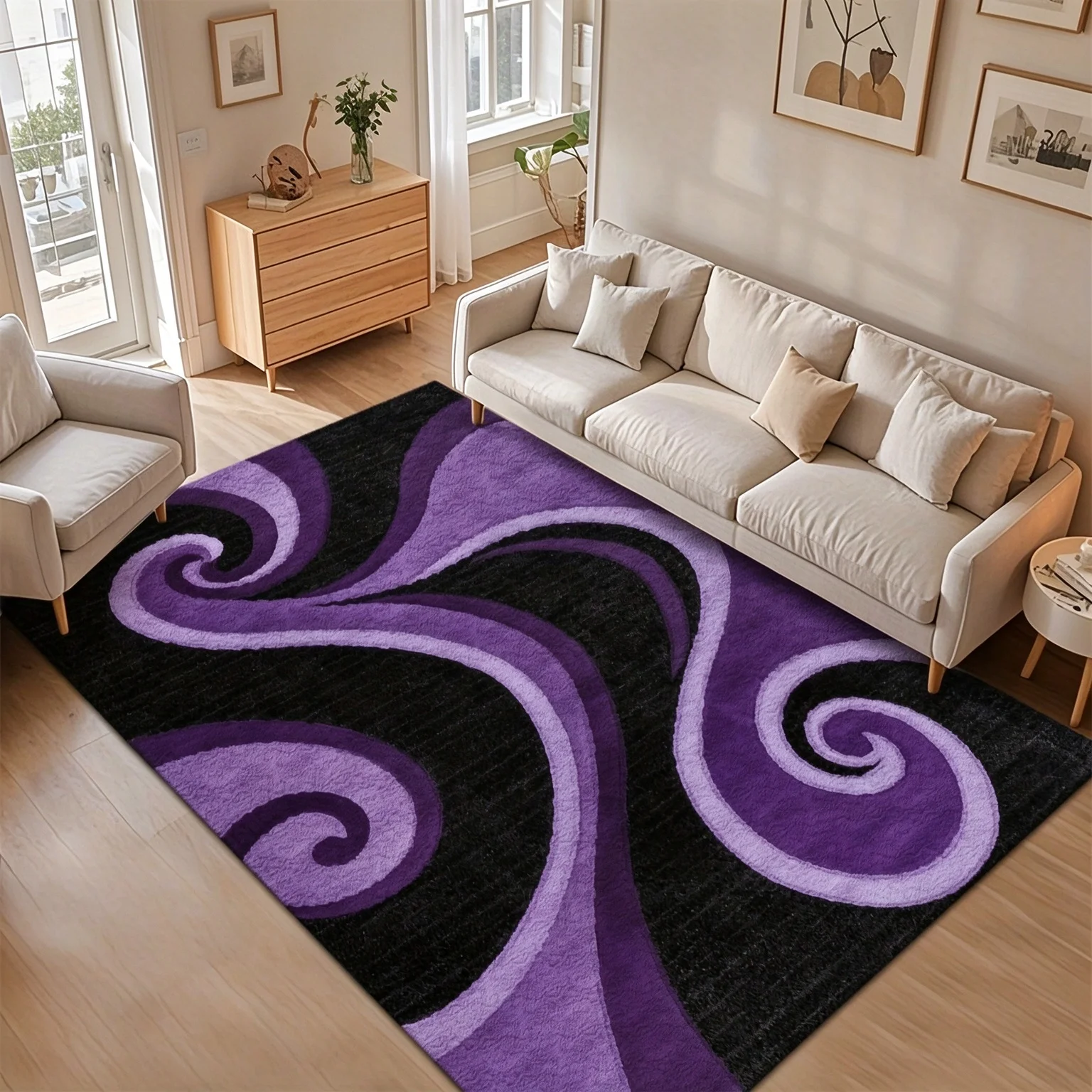 [2d Flat]Modern Abstract Swirl-Pattern Large Area Rug – Featuring a Black Background with Purple Gradient, A Touch of Understated Luxury for Living Rooms,Bedrooms, Or Sofa Areas