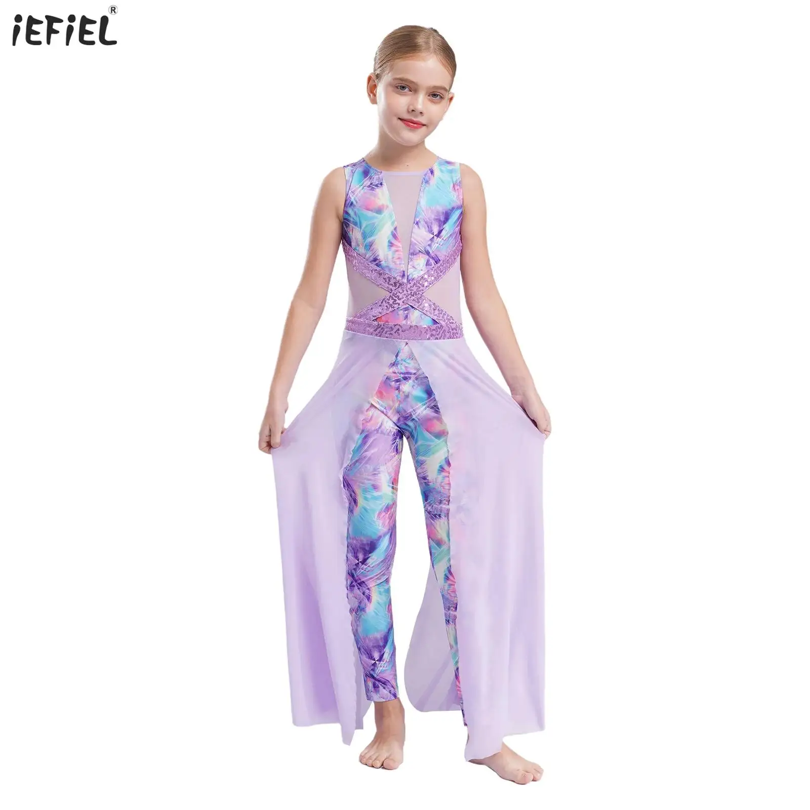 

Kids Girls Modern Lyrical Dance Jumpsuit Sleeveless Printed Leotard Mesh Split Skirted Bodysuit Ballet Dance Performance Costume