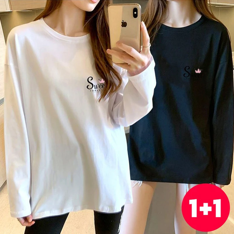 [1 + 1] Women Long-sleeved T-Shirt Sweet-type Crown-print Loose-fit Long-sleeved Tea TS2033