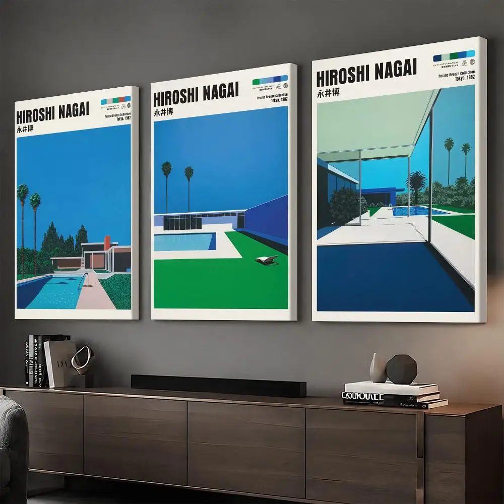 H-Hiroshi Nagai Modern Pool Architecture Framed Wall Painting Vintage Framed Wall Art Poster Canvas Elegant Home Decor Painting