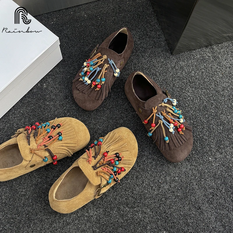 RAINBOW35-40 New Casual Fashion Slippers Women Heel Colorful All Match Shoes Female Concise Designer Slipper Tassel Ethnic style