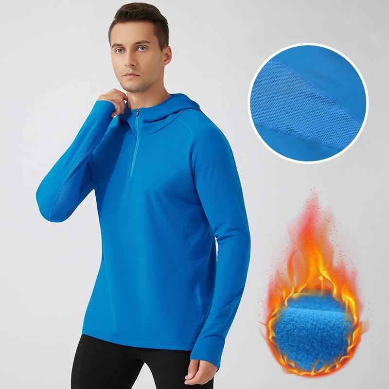

Autumn Winter Fleece Thermal Semi-Zip Hooded Running Top Men's Fitness Sports Wear