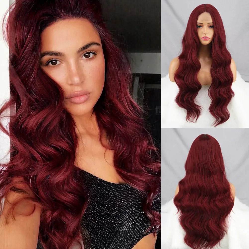 Long Burgundy Wigs Wavy Wigs for Women Synthetic Mid Section Wigs Natural Look Heat Resistant Fiber Wigs Suitable for Everyday P