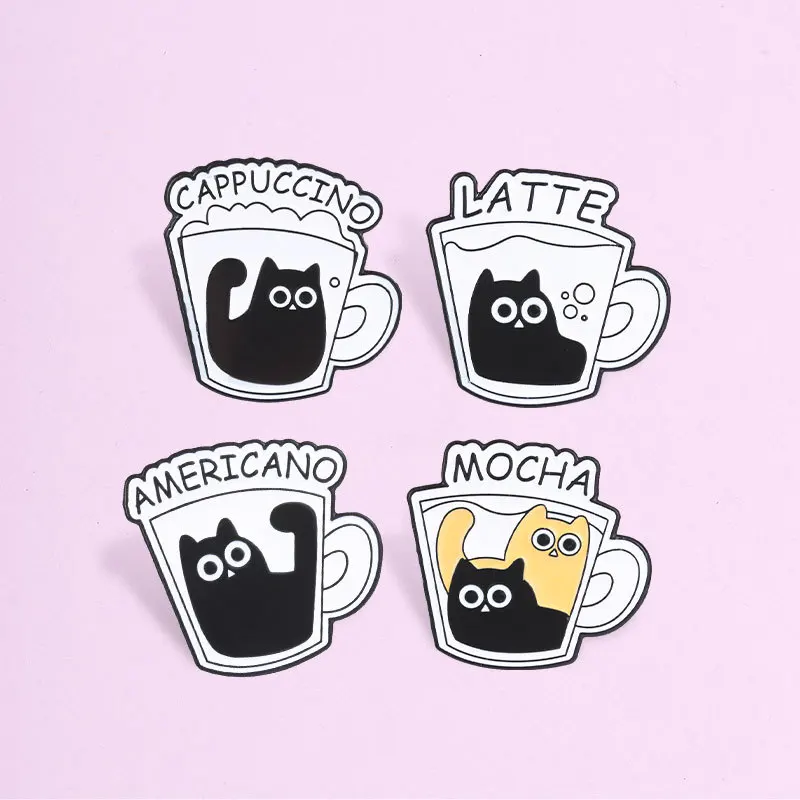 Cute Cartoon Black Cat Coffee Cup Alloy Enamel Pin Brooch Casual Commute Badge For DIY Decorate Scarf Backpack Clothing