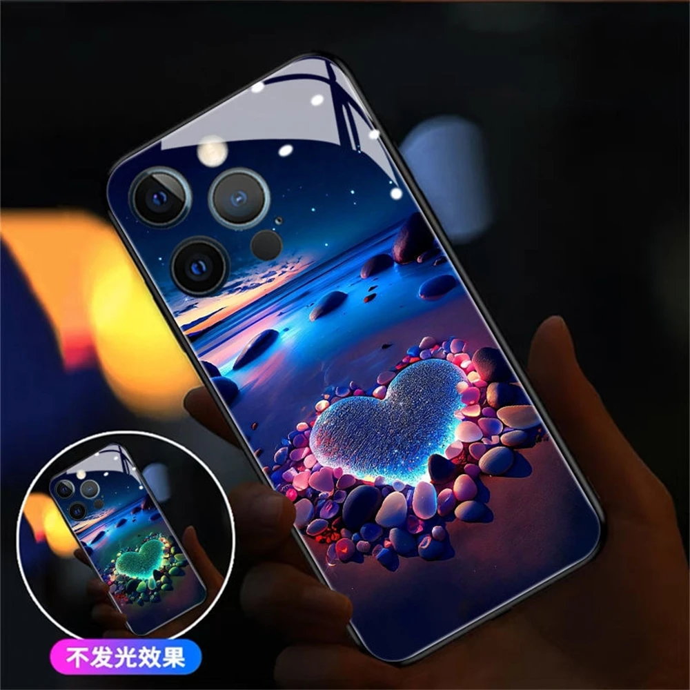 

Pretty Love Night Smart LED Light Up Phone Case Glitter Glass Back Cover For iPhone 16 15 14 13 12 11 Pro Max Mini XS XR SE2020