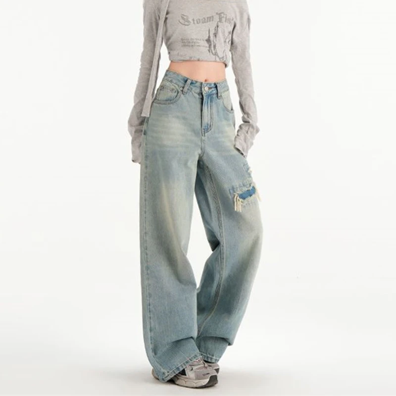 FINEWORDS Vintage Casual Korean Hole Ripped Jeans Women Washed Streetwear Loose Jeans Easymatch Punk Wide Leg Denim Baggy Pants