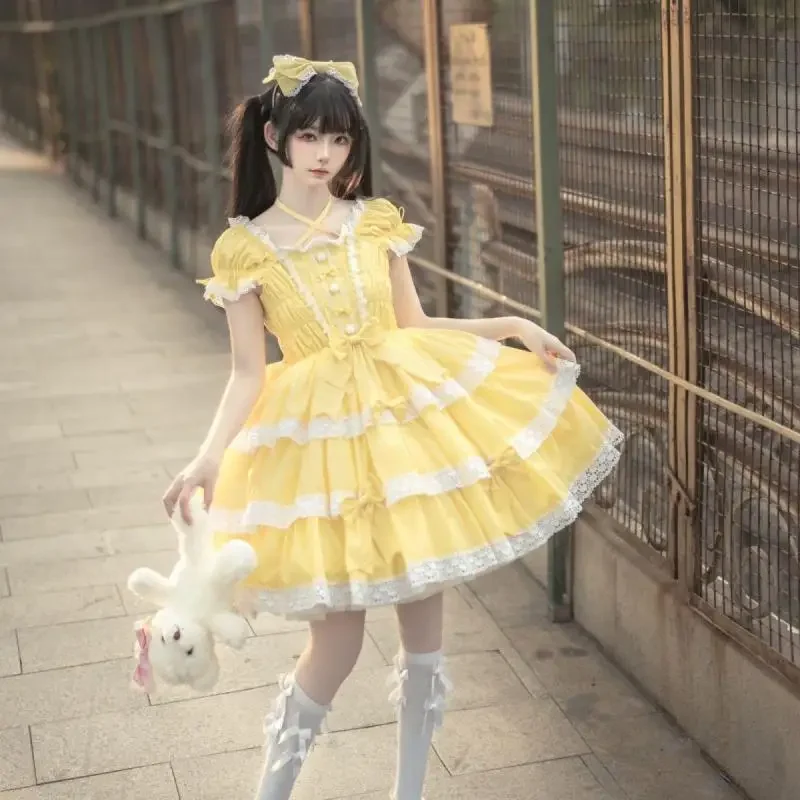 Primavera Estate Harajuku giapponese Jsk Op Lolita abito da sposa dolce fiocco carino elegante bretella increspata donna 2025 vendita calda