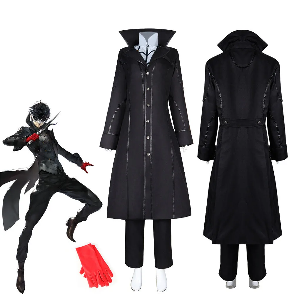 Fantasia de Cosplay do Personagem Joker do Anime Persona 5, Conjunto Completo de Roupa com Luvas, Máscara e Sobretudo Preto