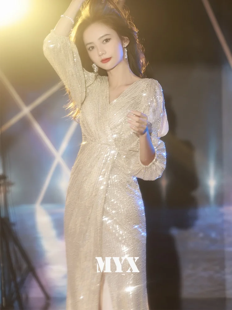 

Ele Sequin Evening Gown Women's High-End Cusized Long Dr Luxury Host Formal Ball Gown Korean Sle Midi Dr