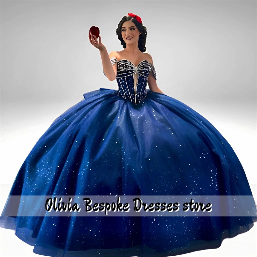 Fantastic Mexican Dark Blue Quinceanera Dresses Beaded Crystal Cinderella Ball Gown For 15 Years Old Girl Special Occasion Dress