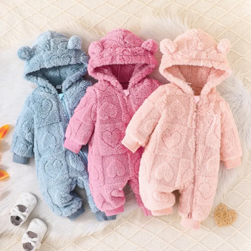 

Winter Baby Boys Romper Long Sleeve Solid Color Plush Hoodie Zipper Fashion Jumpsuit For Newborn Warm Clothes