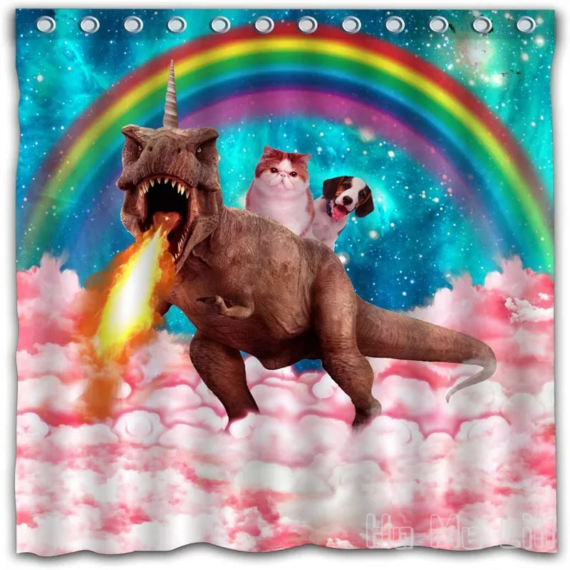 Cartoon Fun Dinosaur Breathing Fire Rainbow Waterproof By Ho Me Lili Shower Curtain Colorful Bathroom Decor