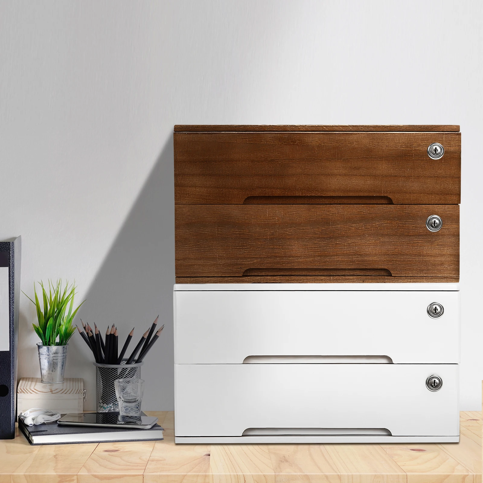 

Запираемый деревянный настольный шкаф для хранения, органайзер с 2 ящиками и ключом для офиса, домашнего стола, файлов, канцелярские принадлежности, без сборки