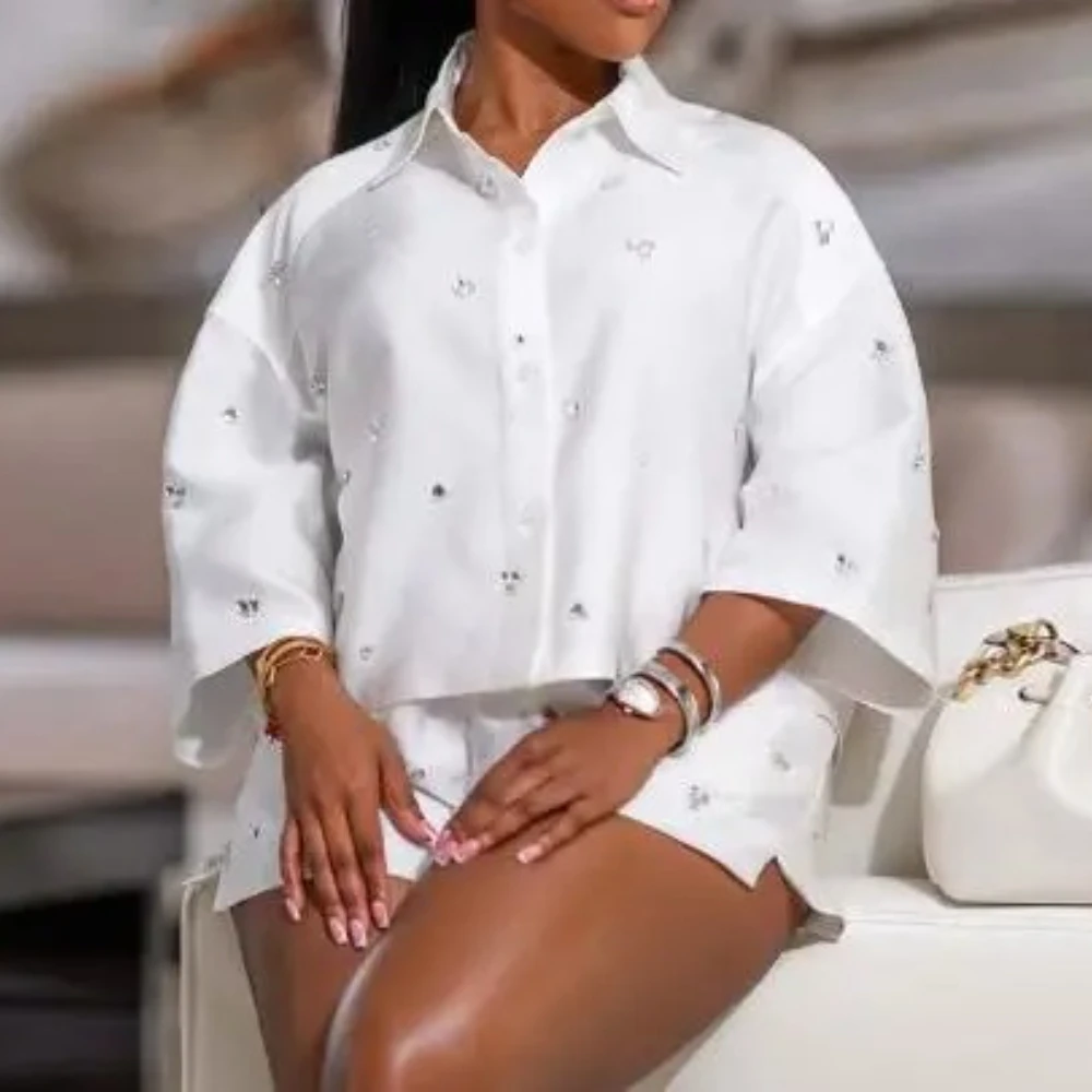 

Сладкий и свежий комплект из рубашки с короткими рукавами и шортами с высокой талией, летний женский модный комплект в британском стиле