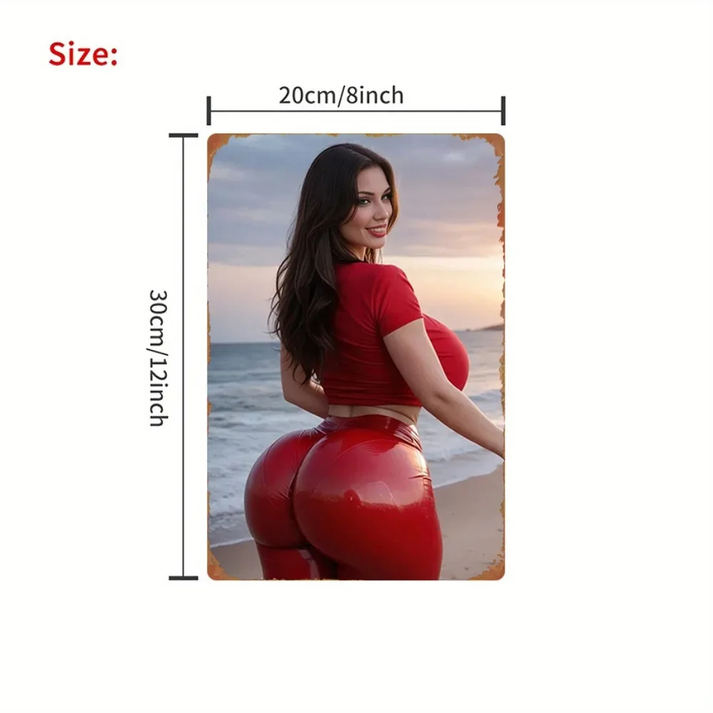 Vintage Metal Tin Sign, Curvy Woman in Red Crop Top & Latex Pants Beach Sunset Retro Wall Art Decor for Bar, Cafe, Bedroom