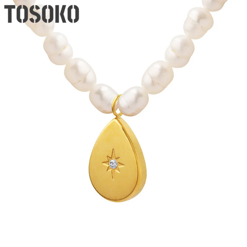 

TOSOKO Stainless Steel Jewelry Drop Inlaid Zircon Pendant Freshwater Pearl Necklace Women's Elegant Collarbone Chain BSP1296