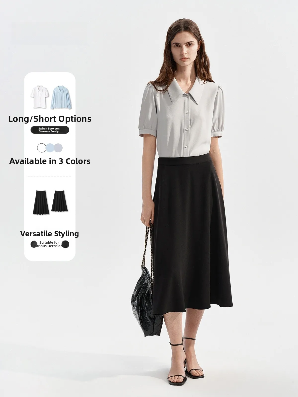 

LeLenth Grey Short Sleeve Shirt Women's Elegant Professional Formal Set Design Sense Sharp Collar Chiffon Blouse Interview