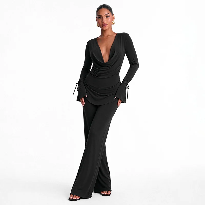 Women Fashion Casual Solid 2 Piece Set Swinging Collar Lace Up Flare Long Sleeve Asymmetrical Tops + Loose Straight Patns Suits