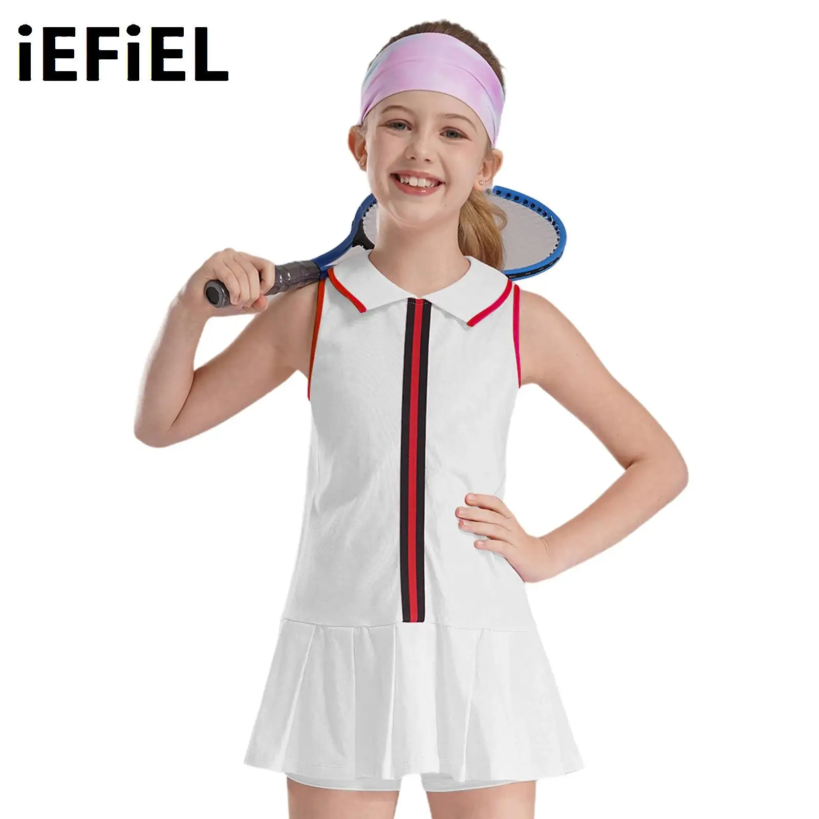 

Kids Tennis Golf Pleated Dress for Girl Stripe Turn-Down Collar Sleeveless Dresses with Waistband Shorts for Sports Cheerleading