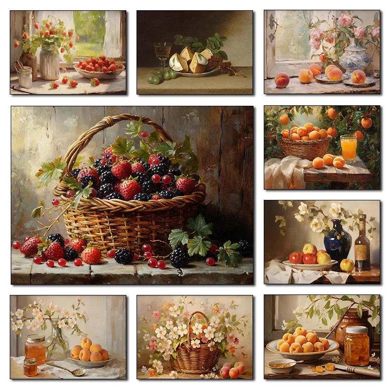 1 Stück rahmenloses Leinwandbild „Delicious Fruits“ mit Aprikosen, Pfirsichen und Blumen, Stillleben-Poster, Leinwandbilder und Drucke für Wohnzimmer