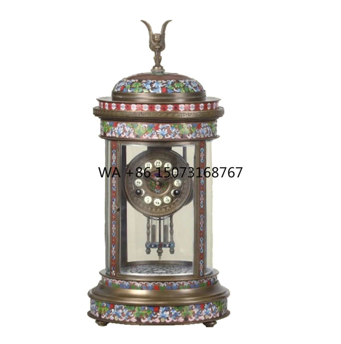 Pavilion Antique  French Style 15 Days  Brass Floral Flower Colorful Decor  Eagle Cloisonne Enamel Table/Desk Clock  Key Wind up