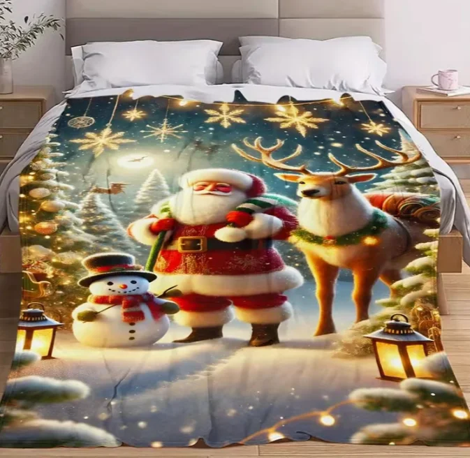 Extra Christmas Winter Snow Scene Blanket Ultra-Soft All-Season Throw Santa Snowman Twinkling Lights Cozy Bedspread for Couch